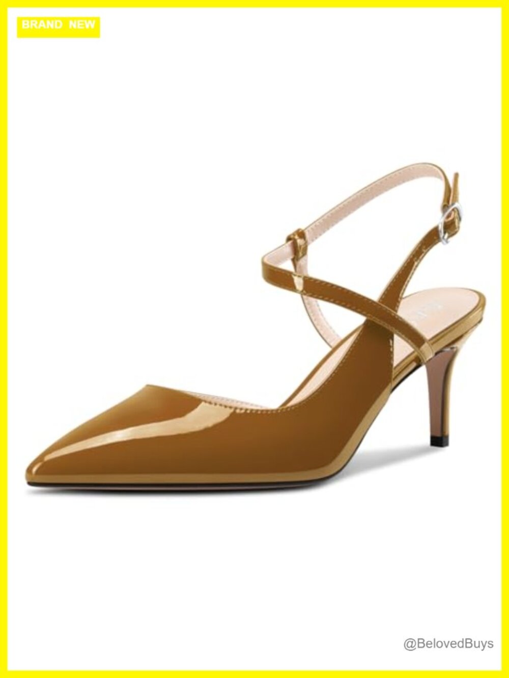 Patent Leather Slingback Pumps Pointed Toe Ankle Strap Stiletto Mid Heel Dress